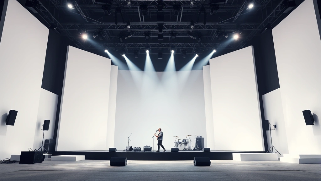 Wide-angle shot of a professional concert stage with minimal white geometric set pieces, dramatic lighting, and a single musician in center frame performing under professional spotlights, photorealistic modern concert venue