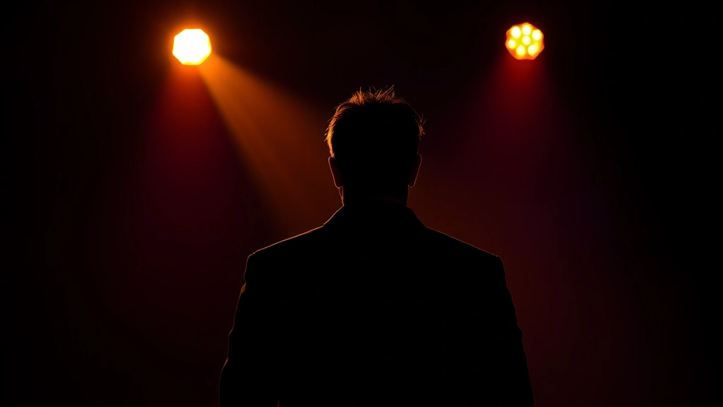 A professional performer in theatrical lighting on a dimly lit stage, photographed from behind showing silhouette, with warm amber and deep purple stage lights creating dramatic contrast, capturing the tension between public performance and private identity