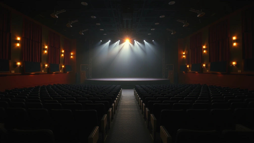 Wide shot of an empty performance venue with rows of seats in shadow, single spotlight illuminating center stage, moody atmospheric lighting with blues and golds, conveying solitude and anticipation before an audience arrives