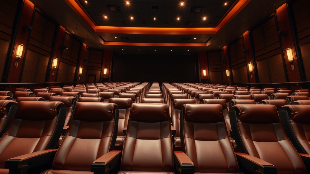 Upscale cinema auditorium interior with reclined leather seats, warm ambient lighting, and elegant architectural details, photorealistic modern theater design