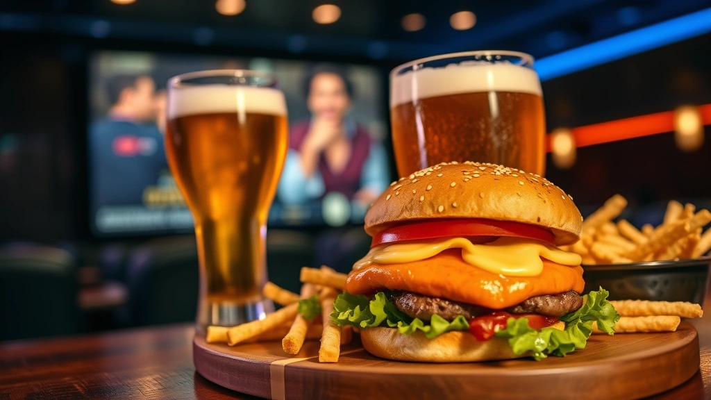 Gourmet burger and craft beer on cinema dining table with blurred movie screen background, appetizing food presentation, warm lighting