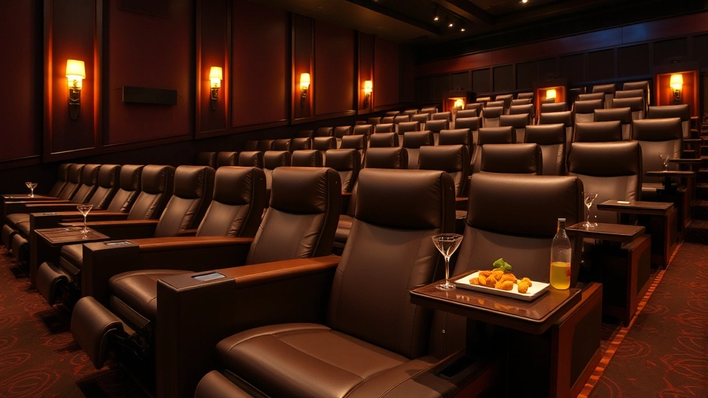 Luxury reclining theater seats with side tables, craft cocktails and appetizers visible, cozy entertainment venue atmosphere, cinematic lighting