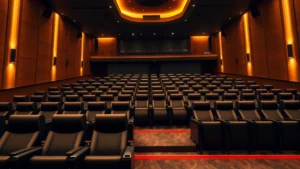 Modern cinema auditorium interior with premium reclining seats, warm ambient lighting, elegant theater design, empty seating rows, professional projection equipment visible, sophisticated entertainment venue