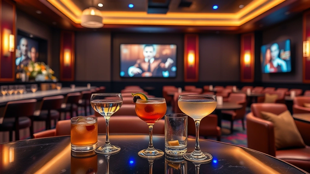 Elegant movie theater bar lounge with craft cocktails, wine glasses, premium beverages, ambient lighting, comfortable seating areas, sophisticated entertainment atmosphere, social gathering space