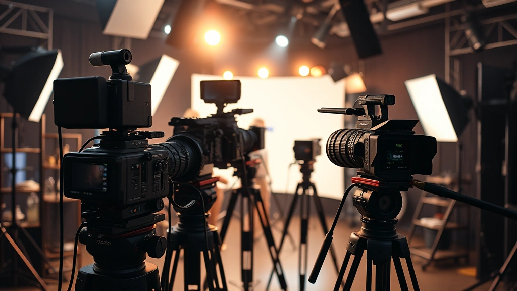 Film production set with cameras and lighting equipment, professional cinematography setup, behind-the-scenes creative environment, digital media creation, modern production technology visible