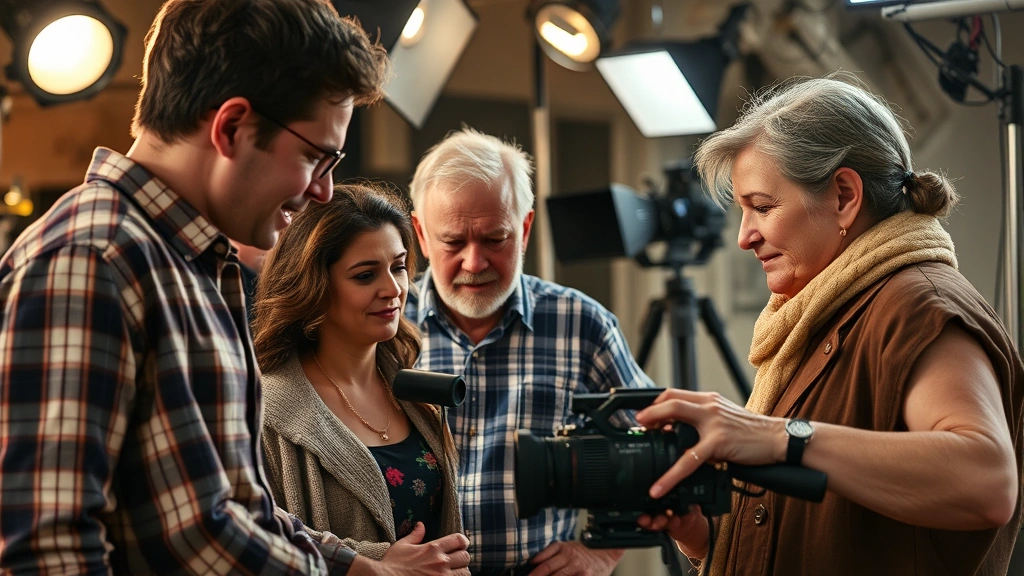 Close-up of multiple generations interacting on a film set with period-accurate props and lighting rigs, showing mentorship and creative collaboration between adults and youth