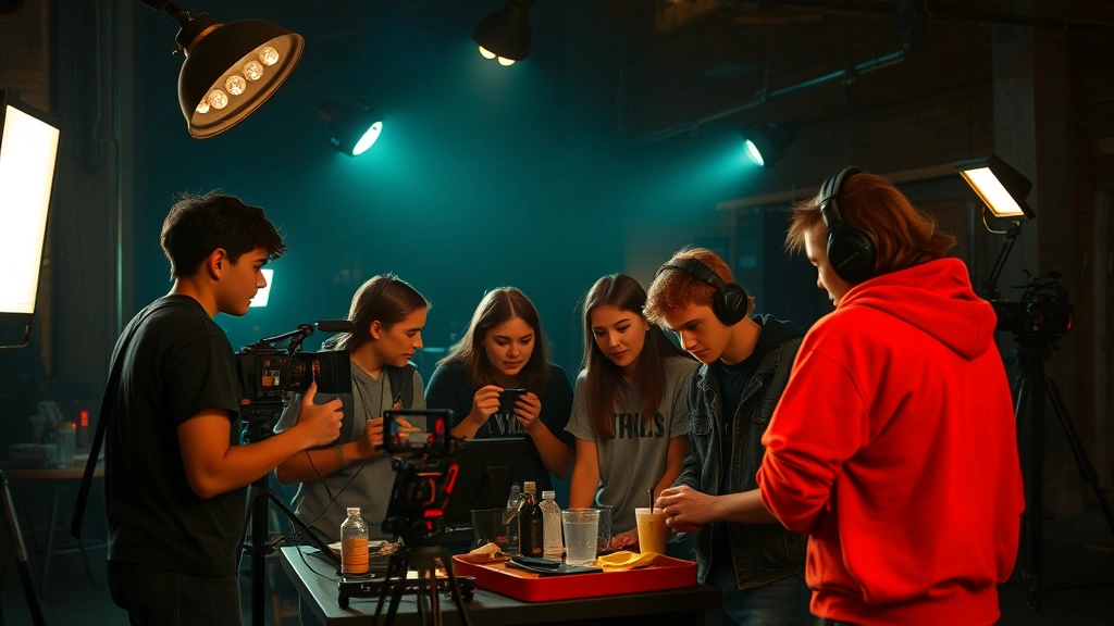 Night scene of young people working together on a production, surrounded by practical effects, makeup materials, and filmmaking equipment, atmospheric and collaborative energy