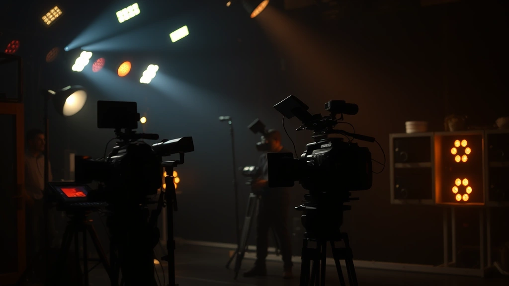 Cinematic composition showing dramatic lighting on a film set with camera equipment, reflecting the intensity and artistic vision required for transgressive cinema, moody atmosphere with professional equipment visible