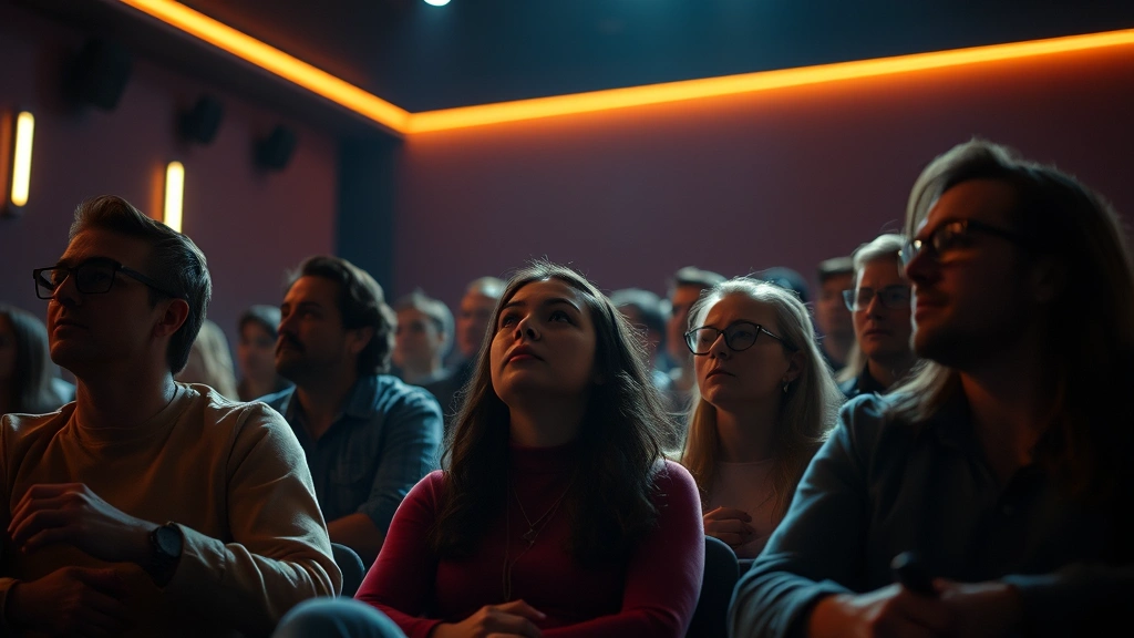 Abstract representation of audience emotional response to provocative cinema, showing diverse viewers in contemplative poses within a modern theater space, captured in atmospheric lighting that conveys psychological engagement