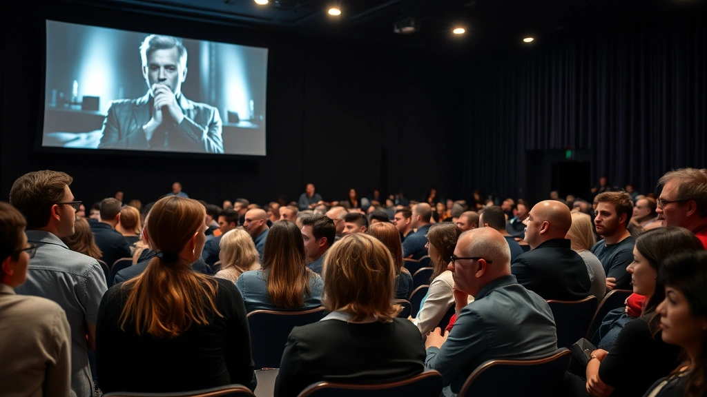 Film festival screening environment with audience members engaged in discussion after viewing controversial work, modern venue with discussion panels visible, capturing the intellectual discourse and critical analysis surrounding taboo cinema