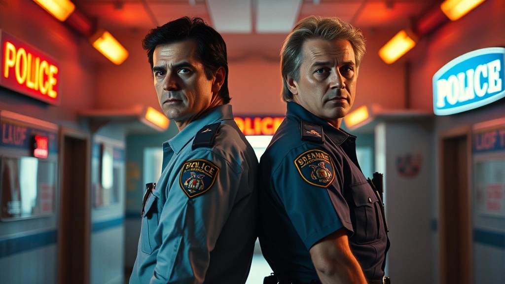 Two action movie stars in 1980s police uniforms standing back-to-back in a neon-lit Los Angeles police precinct, dramatic lighting casting shadows, cinematic composition, photorealistic