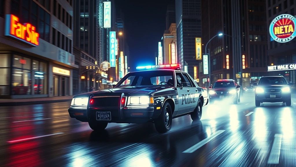 High-speed police car chase through downtown Los Angeles at night with neon signs reflecting on wet streets, practical stunt car performing impossible maneuver, 1989 action cinema style, photorealistic