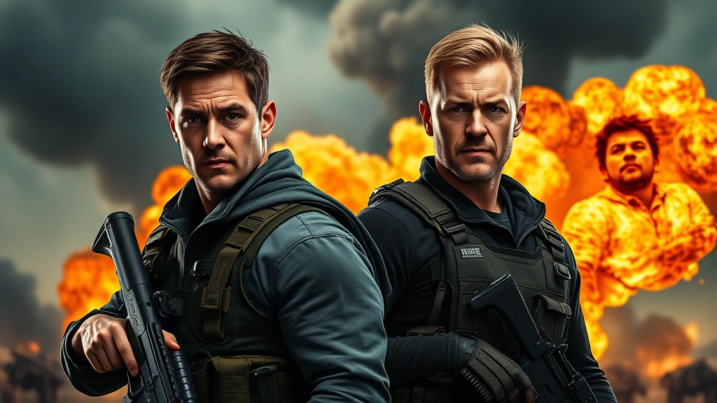 Two charismatic male action stars in tactical gear standing in front of an explosion with orange flames and smoke, confident expressions, dramatic action movie poster composition, photorealistic