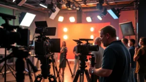 Professional film production set with multiple cameras and lighting equipment, cinematographer adjusting lens, vibrant studio environment with crew members working collaboratively
