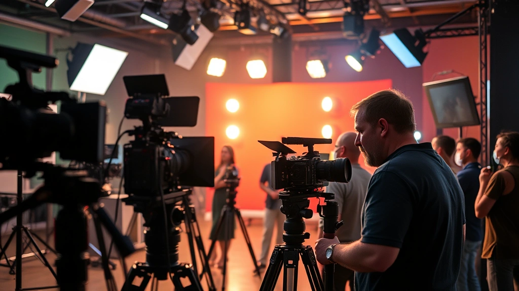 Professional film production set with multiple cameras and lighting equipment, cinematographer adjusting lens, vibrant studio environment with crew members working collaboratively