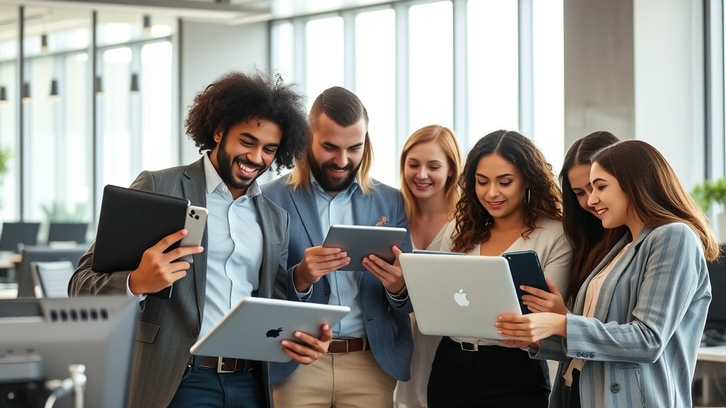 Diverse group of entertainment industry professionals reviewing digital content on tablets and laptops in modern office space, casual business attire, natural daylight streaming through windows