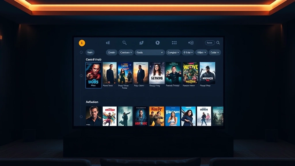 Streaming service interface displayed on large monitor showing movie library with various film thumbnails, modern minimalist design, glowing screen in dimly lit viewing room
