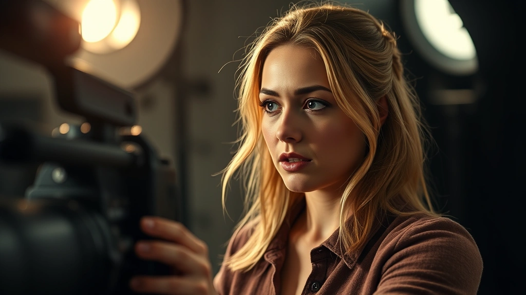 Professional female actor performing intense dramatic scene in modern film production, studio lighting, emotional expression, contemporary cinema aesthetic