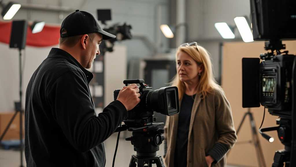 Film set during production with director and actor collaborating, professional cinematography equipment visible, creative direction moment captured