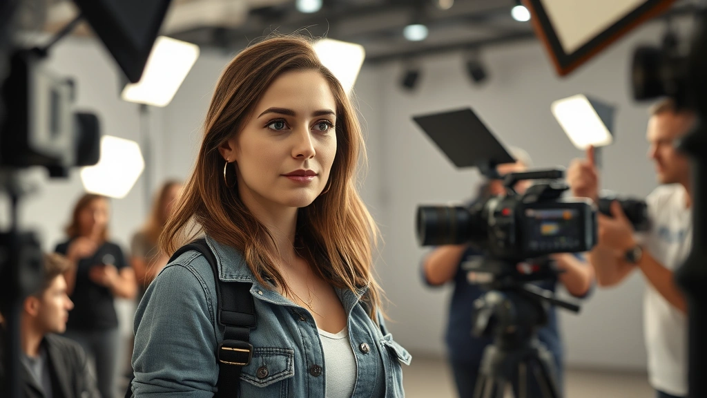 Professional female actor in contemporary film set, wearing casual costume, surrounded by lighting equipment and camera crew, bright studio environment, focused expression during scene work, photorealistic detail, shallow depth of field