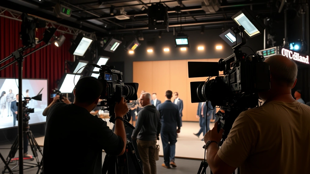 Television production set with multiple cameras, lighting rigs, and crew members working on dramatic scene, behind-the-scenes entertainment industry environment, professional cinematography