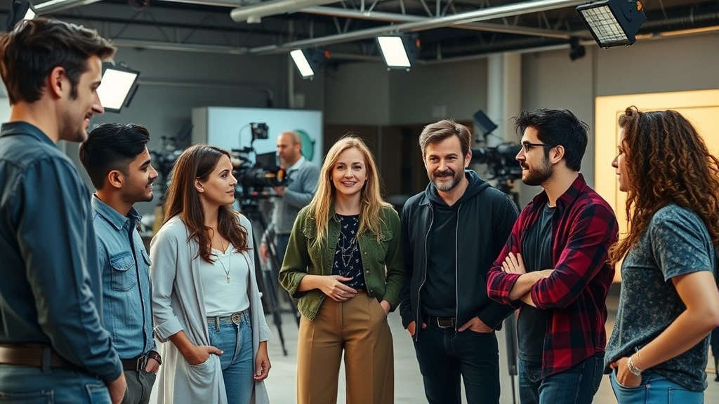 Diverse group of actors in casual conversation on film set, collaborative creative environment, contemporary production setting with modern equipment visible in background