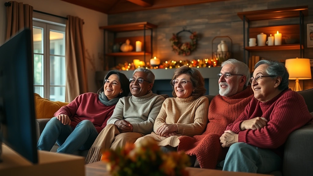 Wide-angle shot of a diverse multi-generational family sitting together on a couch in a cozy living room with warm lighting, watching something on a large screen with happy, engaged expressions. Thanksgiving decorations visible in the background including autumn foliage and candles. Photorealistic, no visible screens or text.