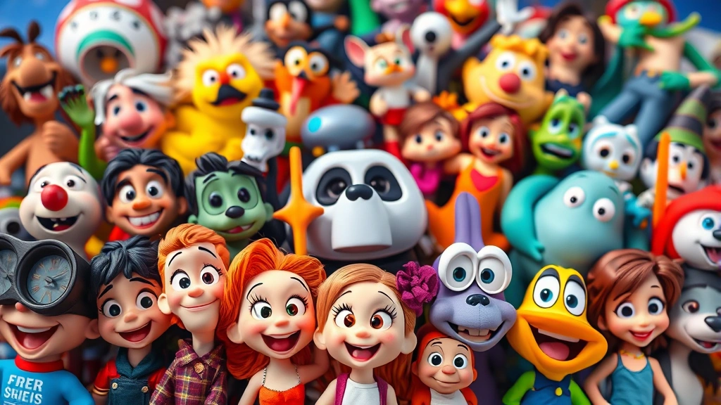 Close-up of colorful animated film characters from various popular family movies displayed in a creative collage style composition. Mix of different animation styles representing modern and classic films. Vibrant colors, celebratory atmosphere, photorealistic rendering of animated characters.