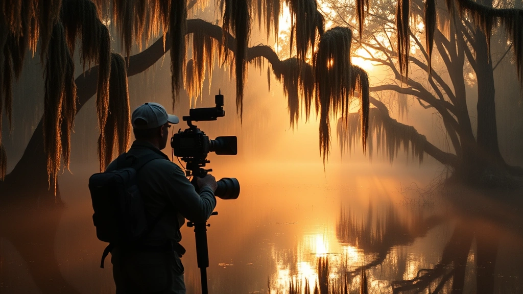 Cinematographer operating camera in misty Louisiana swamp at golden hour, Spanish moss hanging from cypress trees, water reflecting amber light, atmospheric moisture visible