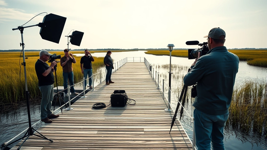 Film production crew setting up equipment on wooden dock extending into bayou waters, professional lighting rigs positioned around natural landscape, director reviewing shot composition