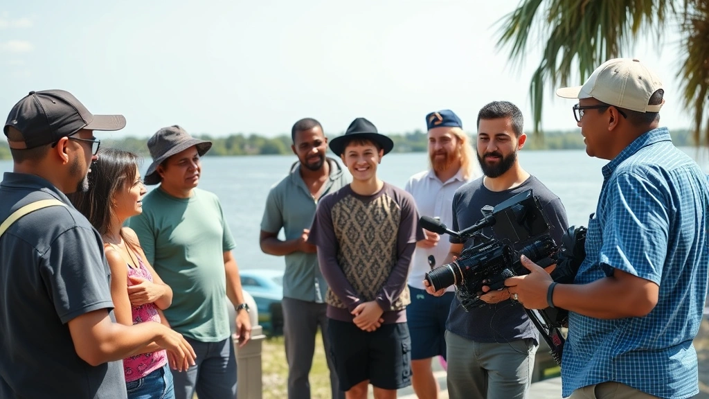 Diverse group of people from Louisiana community discussing film production in informal outdoor setting near water, genuine conversation and cultural exchange, natural daylight
