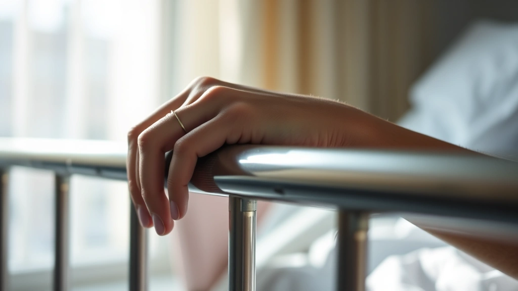 Close-up of a person's hands resting on a hospital bed rail, soft natural light streaming through a window, emotional introspection, cinematic depth of field, realistic healthcare setting without medical equipment visible