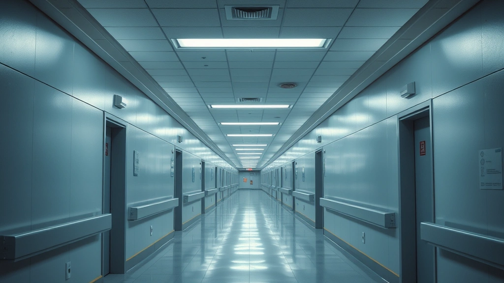 Empty hospital corridor with fluorescent lighting, long hallway perspective, muted color palette of blues and grays, institutional architecture, contemplative atmosphere, no people or signage visible