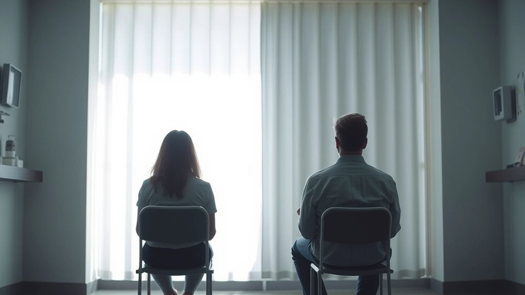 Two people sitting in silence on opposite ends of a hospital room, backs partially turned, window light creating shadows, emotional distance conveyed through composition, realistic interior setting, photorealistic lighting