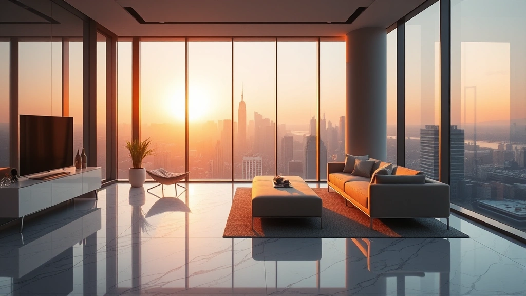Cinematic shot of luxury penthouse interior with floor-to-ceiling windows overlooking city skyline at golden hour, modern minimalist furniture, warm afternoon light casting long shadows across marble floors, photorealistic digital media aesthetic
