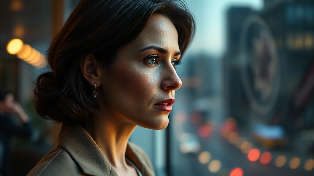 Close-up of sophisticated woman in designer clothing gazing thoughtfully out of window, natural lighting on face showing emotional complexity, blurred city lights in background, professional drama cinematography style, no visible text or logos