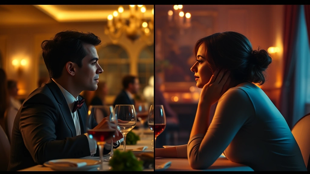 Split-screen conceptual composition showing contrast between formal luxury dinner party and intimate personal moment, warm and cool lighting zones, photorealistic television production quality, cinematic depth of field, no screens or interface elements
