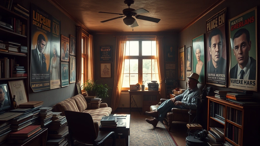 Moody apartment interior with vintage cinema posters on walls, scattered books and film reels, warm natural light streaming through windows, intimate bohemian creative space, 1960s intellectual atmosphere, no visible text or screens