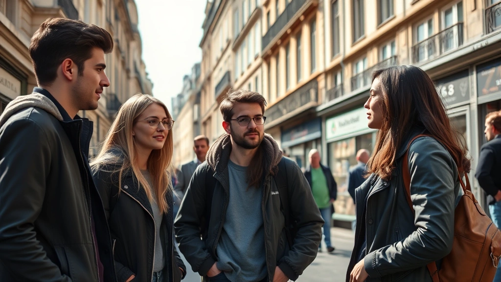 Young people engaged in passionate conversation in a Parisian street during daylight, historic architecture visible, casual clothing, natural expressions of engagement and debate, urban European setting, no signs or text visible