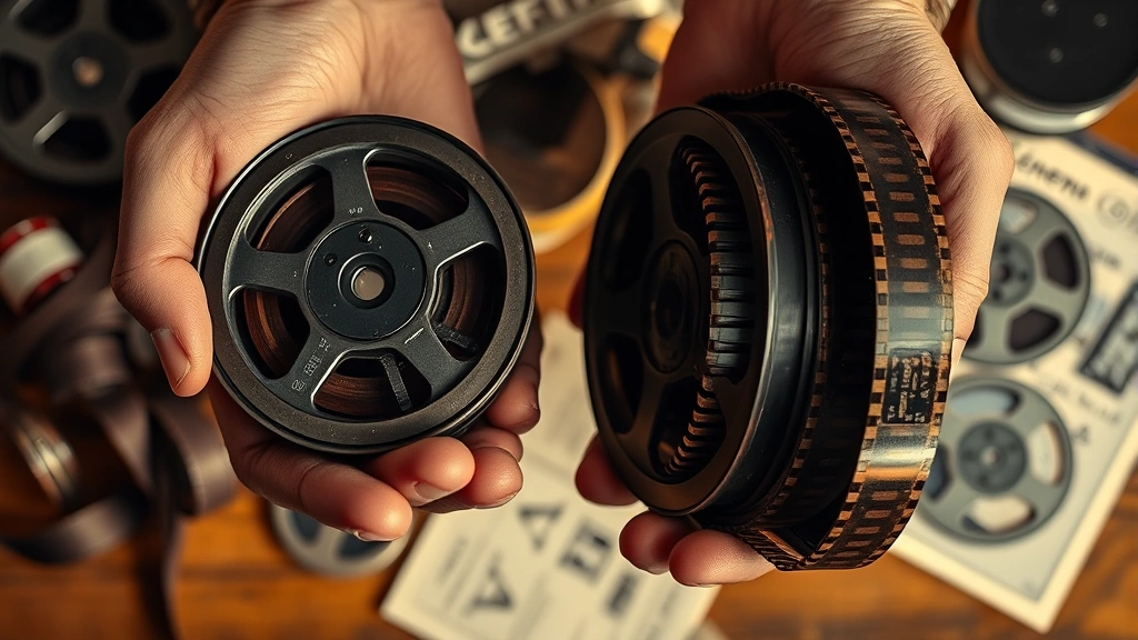 Close-up of hands holding vintage film reels and cinema materials, warm lighting emphasizing texture, artistic composition suggesting creative passion and cinematic devotion, no visible text or labels on materials