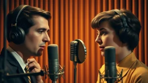 Professional headshots of 1960s voice actors in recording studio with vintage microphones and soundproof booth, warm theatrical lighting, golden age Hollywood aesthetic, focused concentration on faces