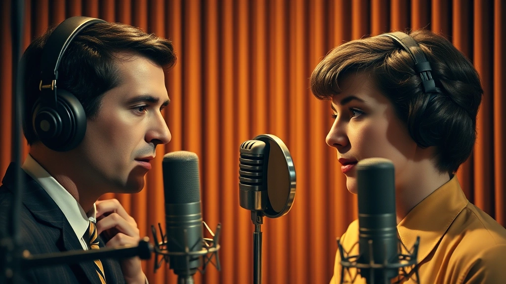 Professional headshots of 1960s voice actors in recording studio with vintage microphones and soundproof booth, warm theatrical lighting, golden age Hollywood aesthetic, focused concentration on faces