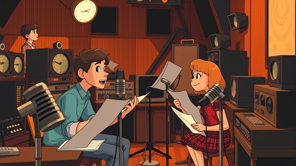 Animation recording session with vintage equipment, voice actors at microphones with scripts, 1960s studio technology, professional atmosphere with engineers in background, warm amber lighting