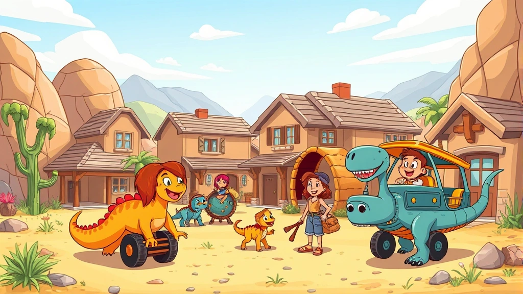 Stone Age cartoon characters in Bedrock setting, vibrant animation style, suburban Stone Age homes with dinosaur vehicles, bright colors, cheerful family scenes, no text or dialogue bubbles visible