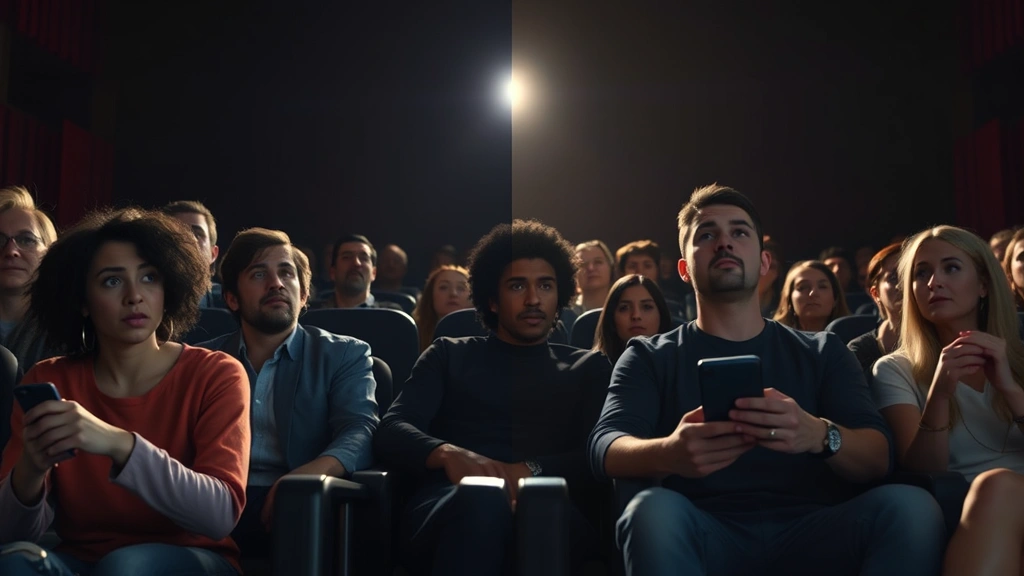 Cinematic split-screen composition showing confused audience members on one side and engaged film enthusiasts on the other, modern movie theater setting, dramatic lighting, photorealistic digital art style, no text or interface elements