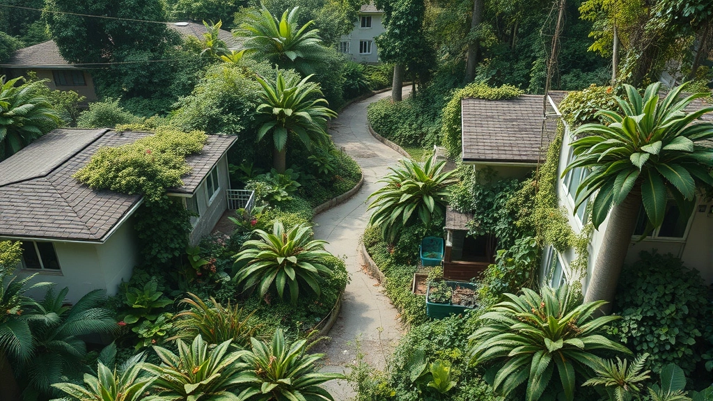 Abstract visualization of environmental catastrophe in nature—overgrown plants reclaiming urban landscape, surreal botanical imagery mixed with suburban architecture, artistic yet photorealistic rendering, no text elements visible