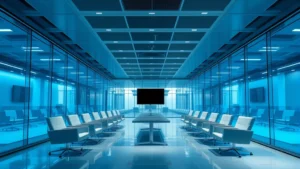 Professional office environment with glass walls and modern architecture, cool blue lighting, empty corporate conference room with minimalist furniture, suggesting institutional sterility and dehumanization without any text or signage visible