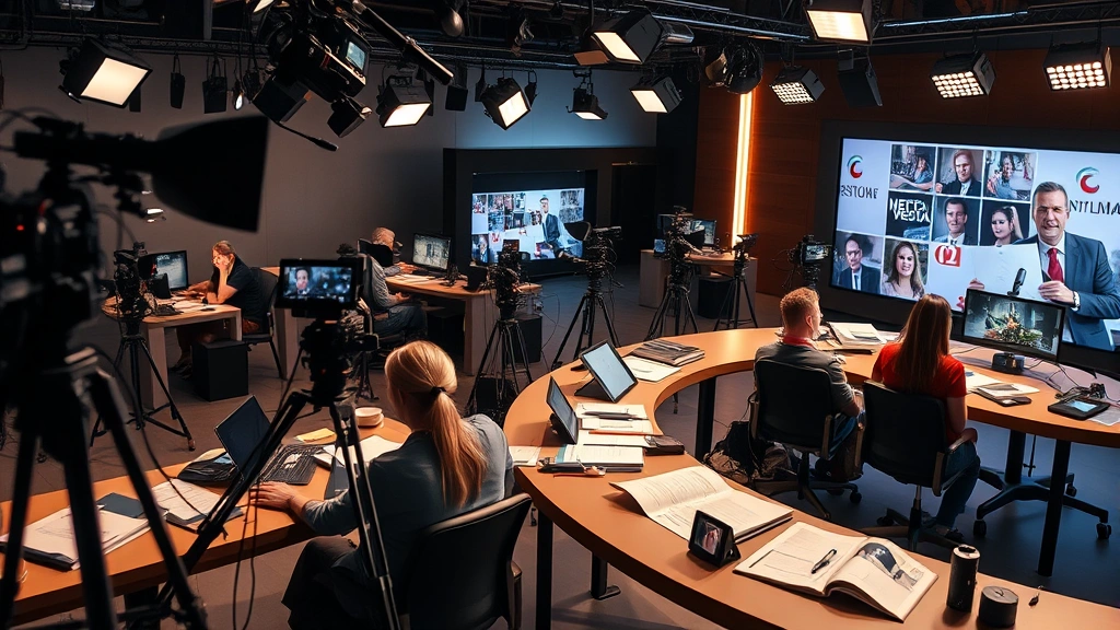 News production studio with cameras and technical equipment, journalists working at desks with documents and research materials, professional media environment showing journalistic workflow and investigation process, warm lighting emphasizing human connection