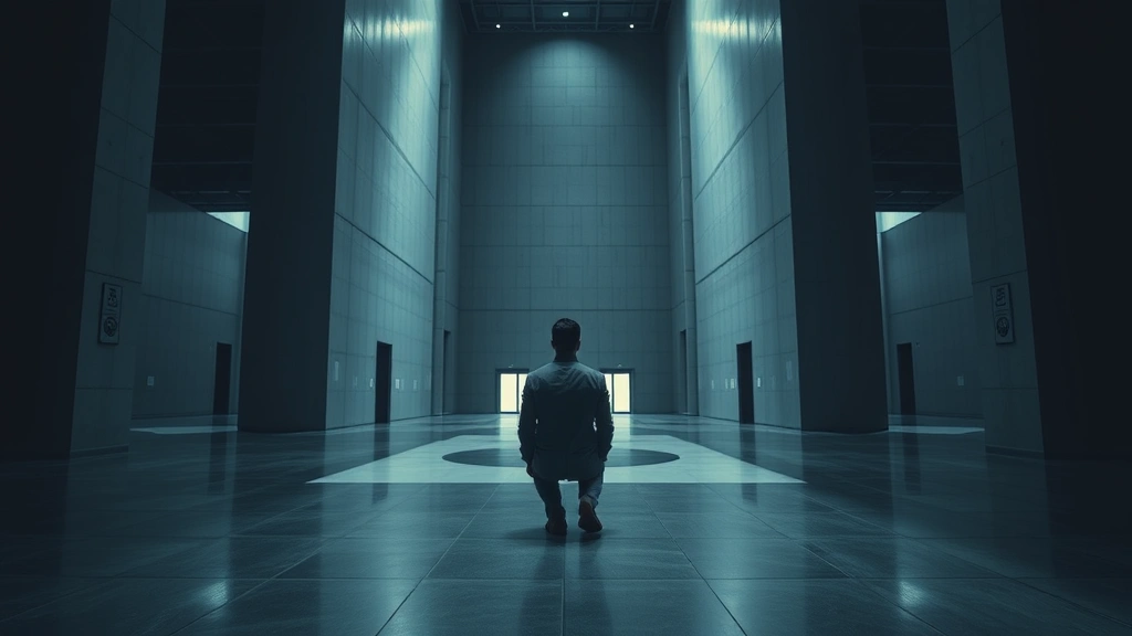 Person in formal business attire sitting alone in large corporate space, dramatic shadows and architectural framing, conveying institutional isolation and surveillance, professional environment emphasizing individual vulnerability within powerful systems