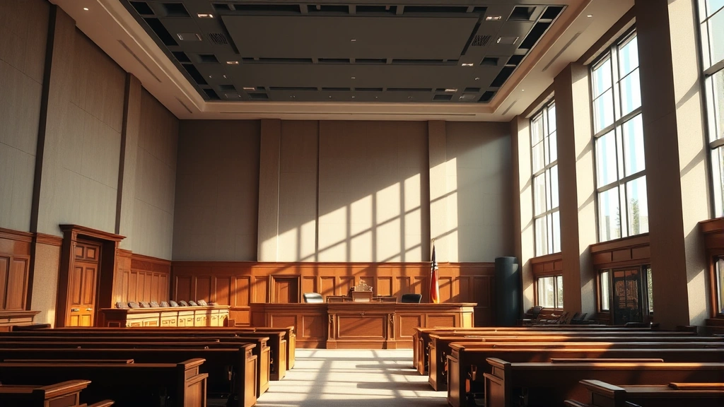 A modern courtroom interior with natural light streaming through tall windows, wooden bench and judicial chambers visible, professional legal setting with contemporary design elements, no text or people visible, photorealistic